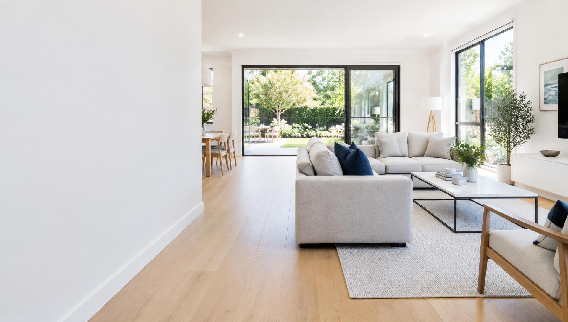 Spotless contemporary Melbourne living room with natural light and a garden view